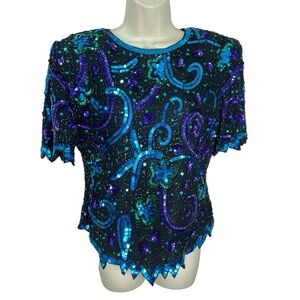 Holiday Party Laurence Kazar VTG Silk Sequined 80’s Top  Formal Bling